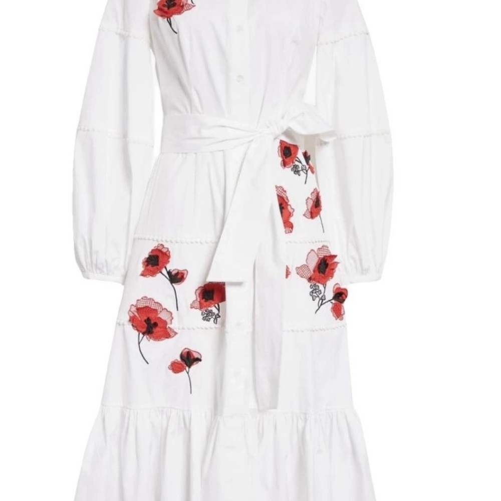 Carolina Herrera Embroidered 
Long-Sleeve Shirtdress Red Floral Accents Sz 16